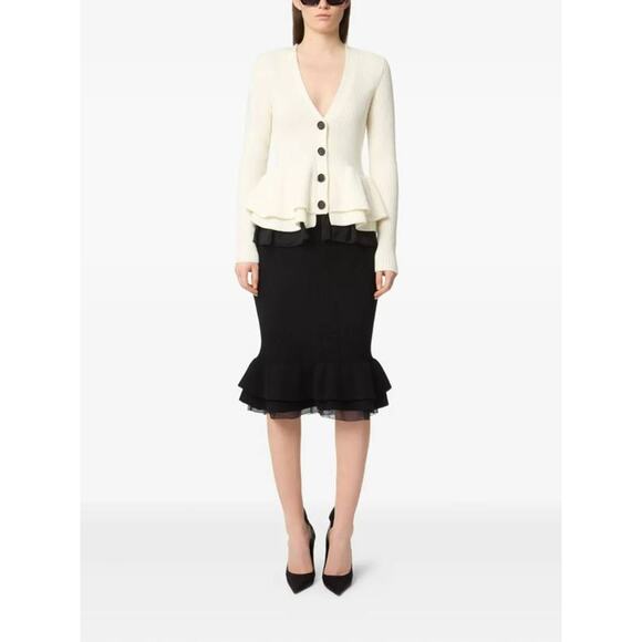 Nina RicciV Neck Layered Mix Ruffled Wool Knit Cardigan in Cream M